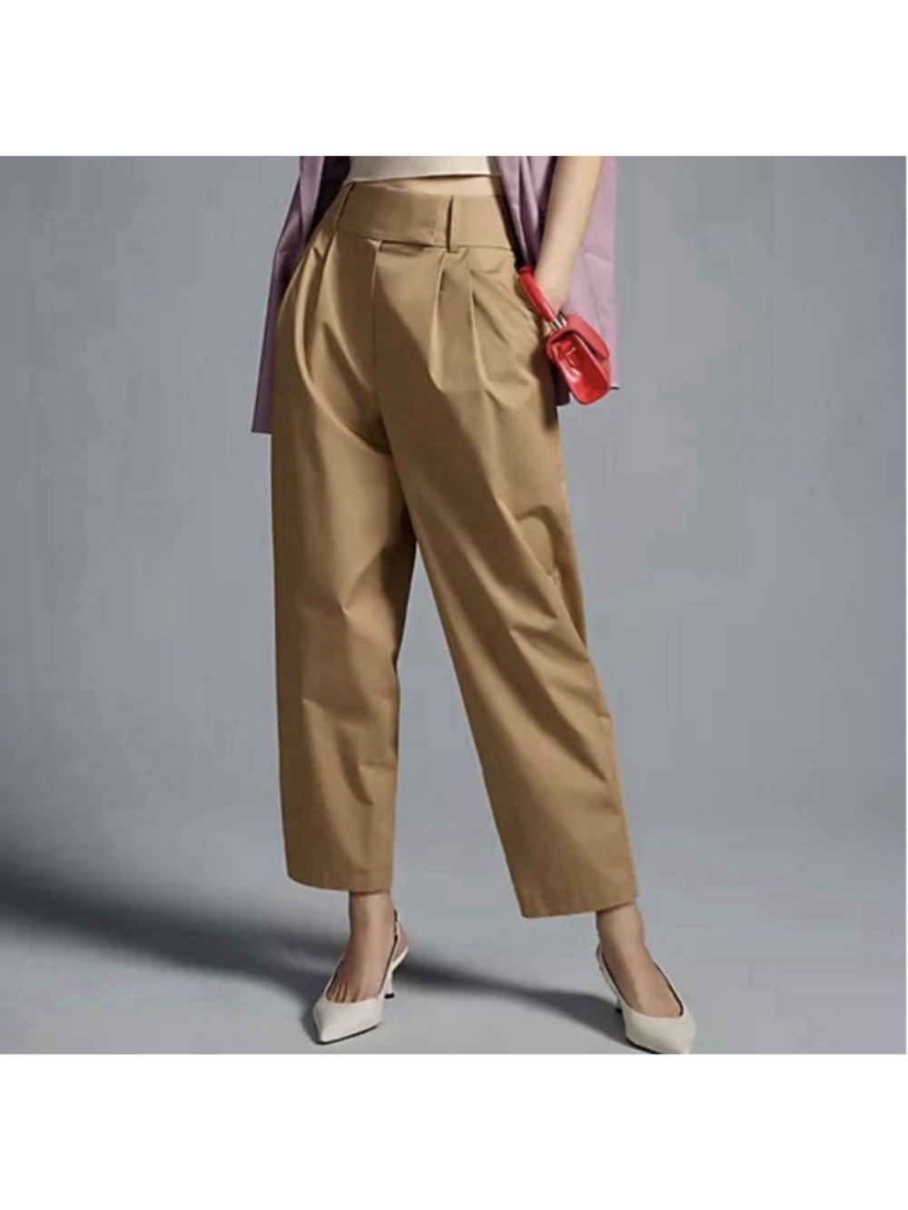 Anthropologie Exquise Barrel Leg Chino Pants Small Tan Pleated Ankle Hi-Rise